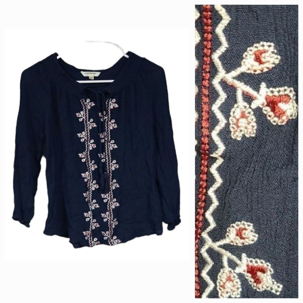 Tantrums Navy Blue Crochet Crepe Tunic Girls Large Tassel Top V-neck 3/4 sleeve